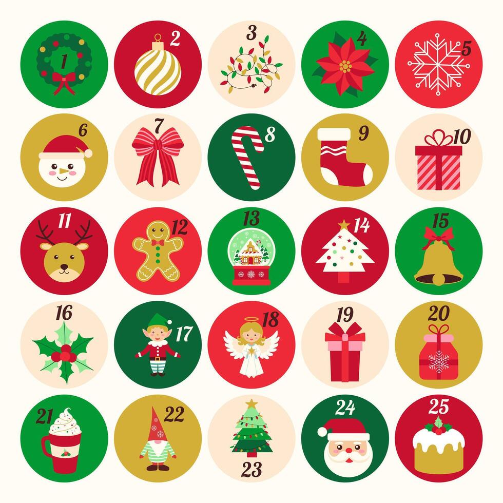 A collection of Christmas themed stickers with a variety of images including Santa Claus, reindeer, gingerbread men, and Christmas trees vector