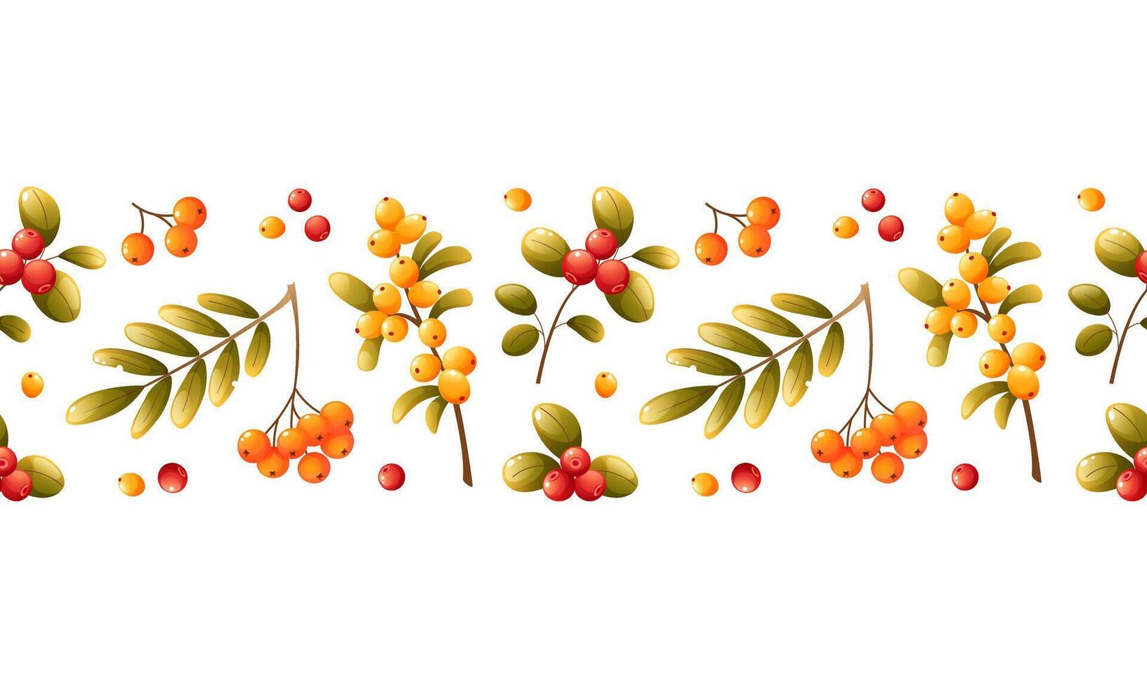 Seamless border with bright multi-colored autumn leaves and berries. Maple, oak, birch, rowan, sea buckthorn, lingonberry, cranberry. Seamless pattern on a white background for autumn designs, textile vector