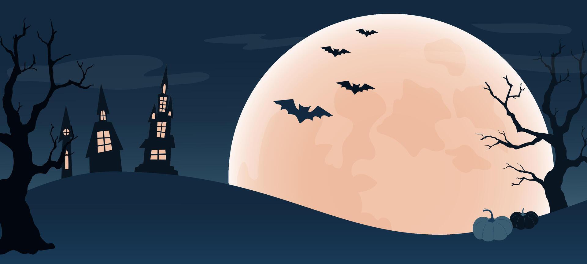 Halloween banner with full moon, bare trees, creepy houses and bats. Scary night landscape. Holiday mystic scene design with copy space for ad, social media, web. vector