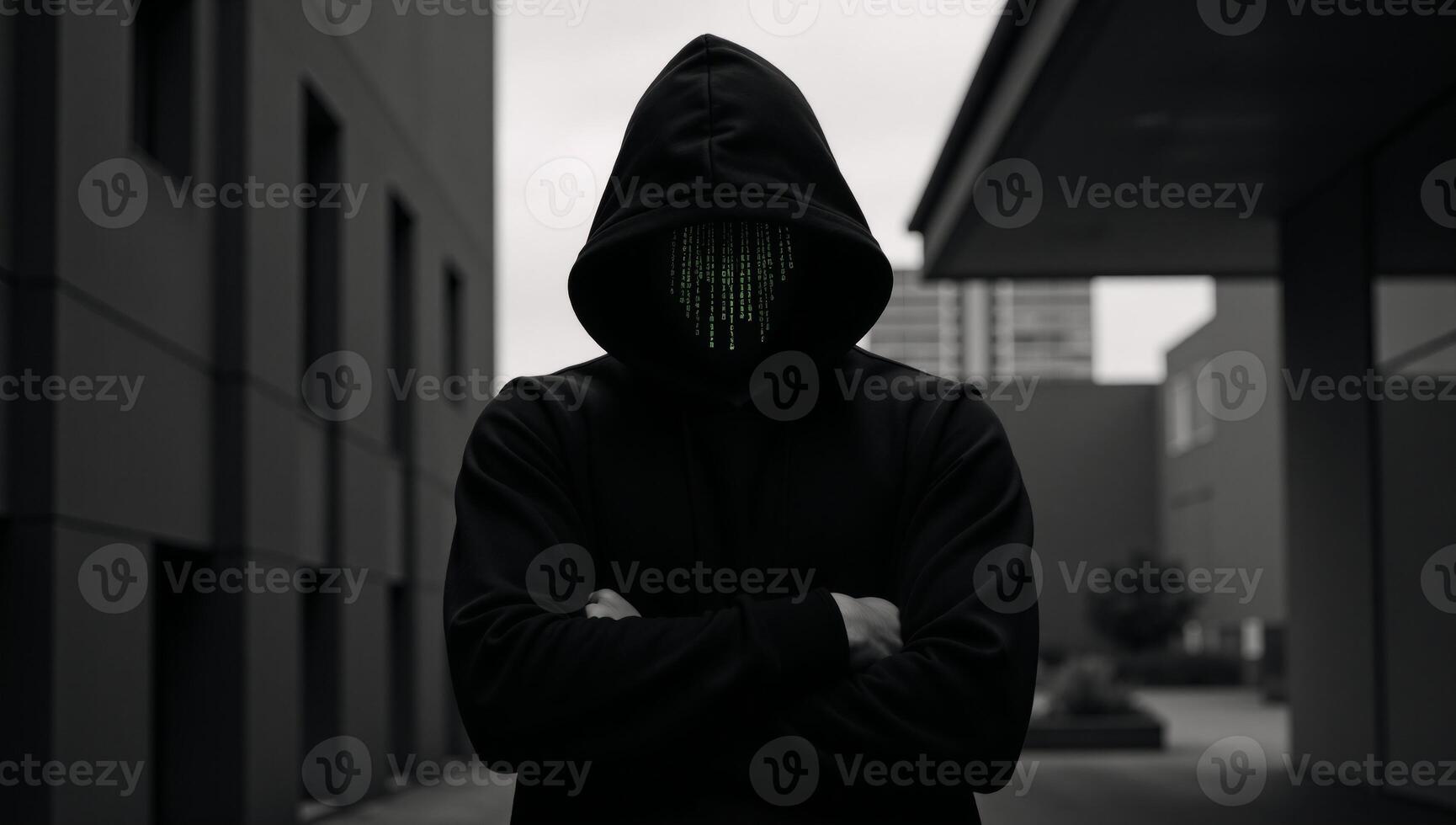 A Matrixinspired digital illustration showcases a hooded hackers silhouette with patterned detailing photo