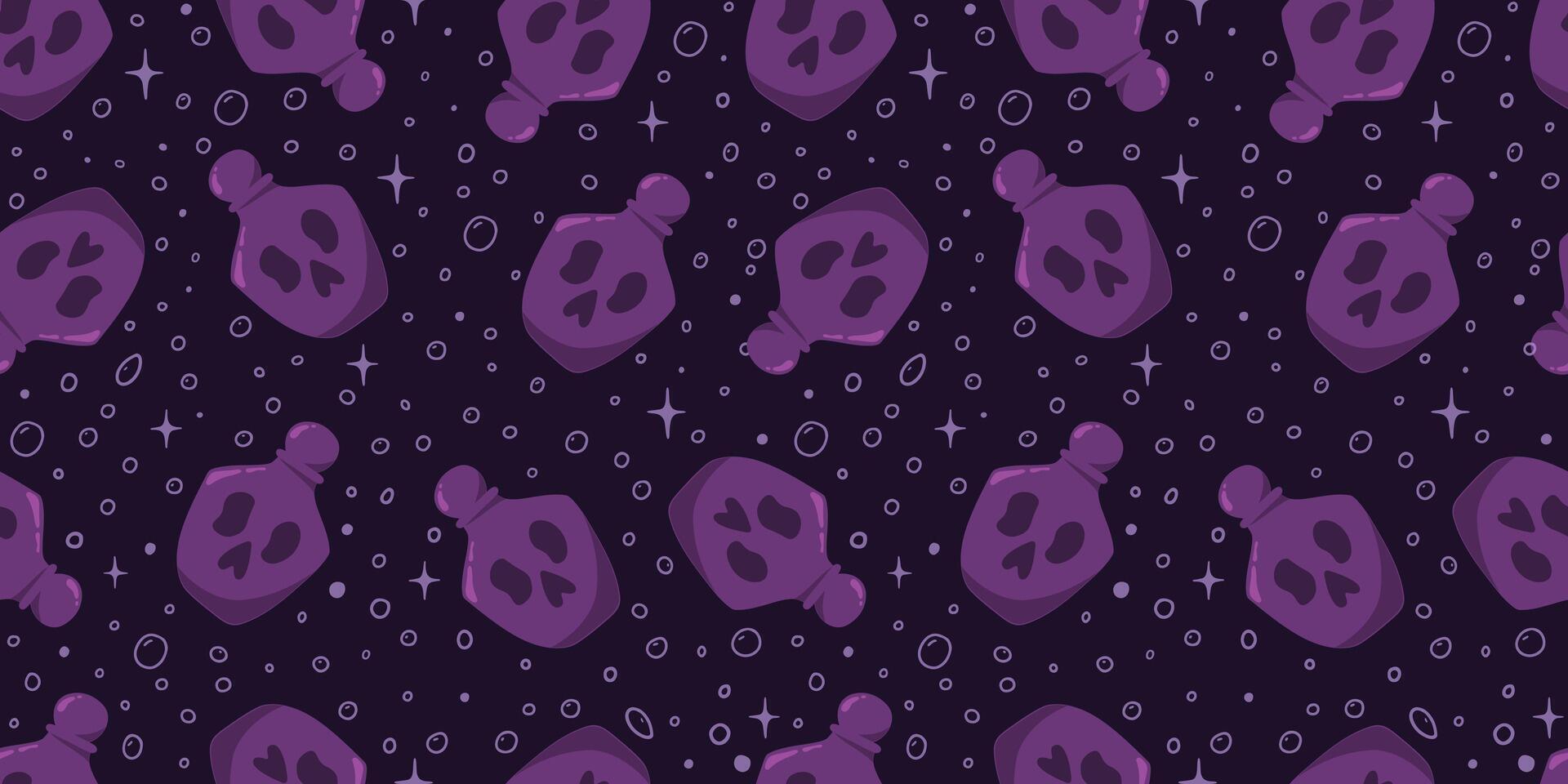 Potion bottle with skull and bubbles seamless pattern illustration. Magic Halloween background. Witchcraft poison jar repeated ornament. Holiday design for textile, fabric, cover, packaging, wrapper vector