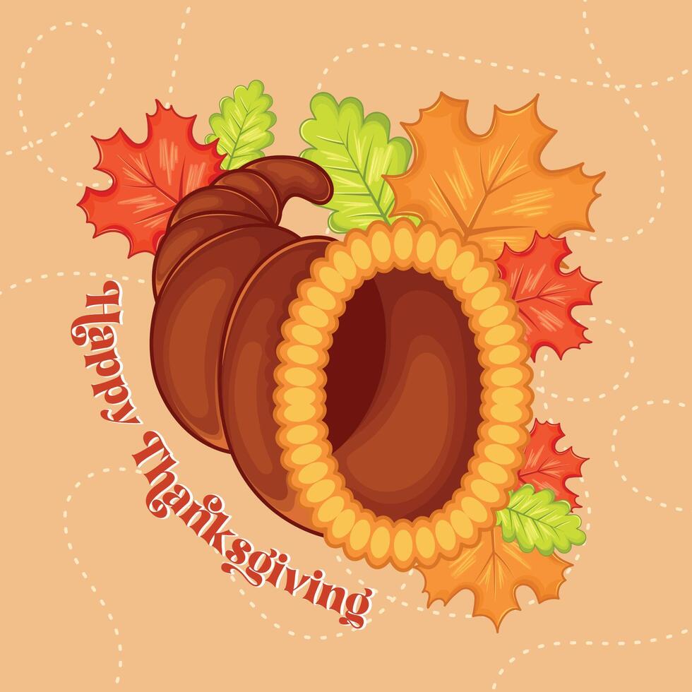 Thanksgiving cornucopia with autumn leaves and greeting, vector