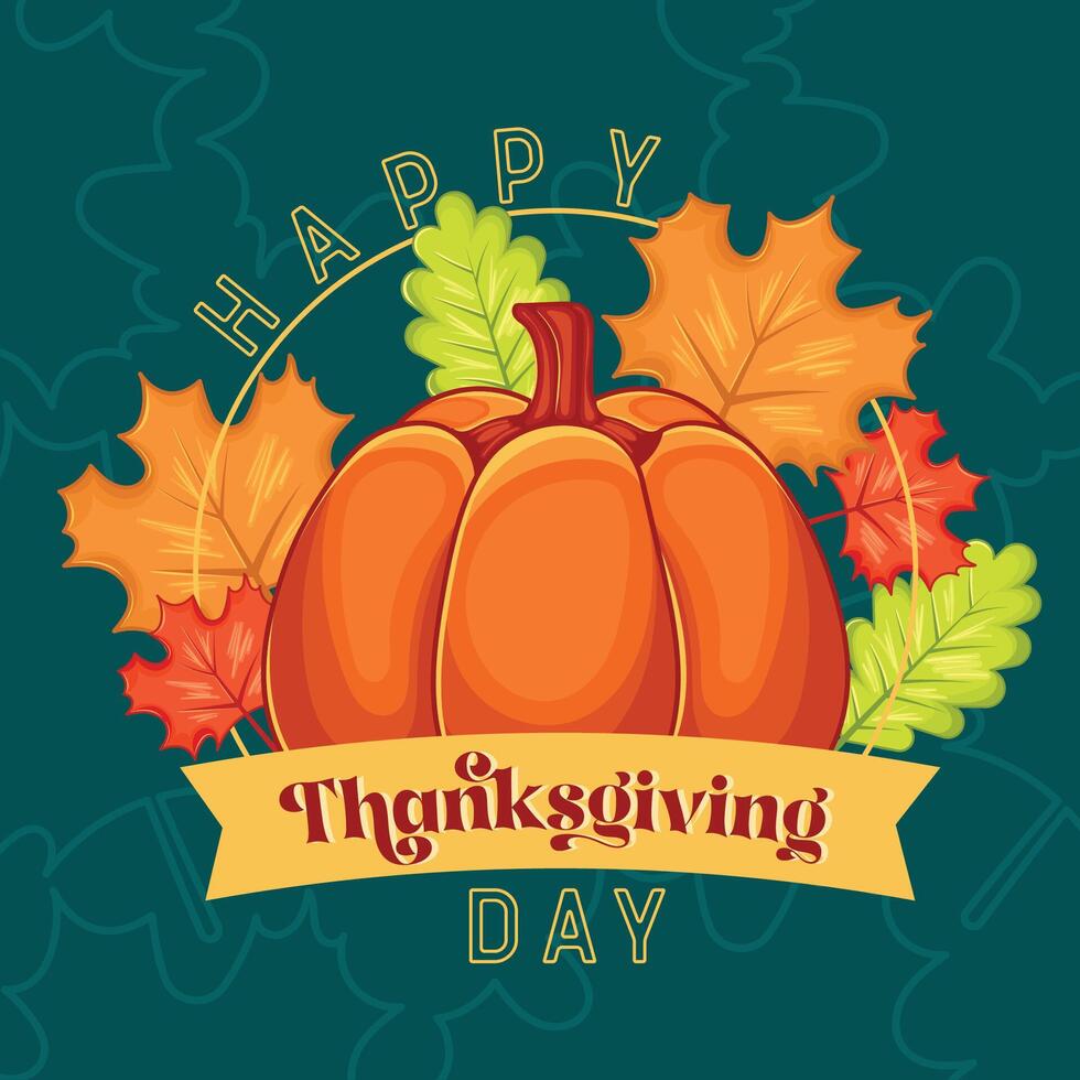 Thanksgiving Day pumpkin with autumn leaves on green background, vector