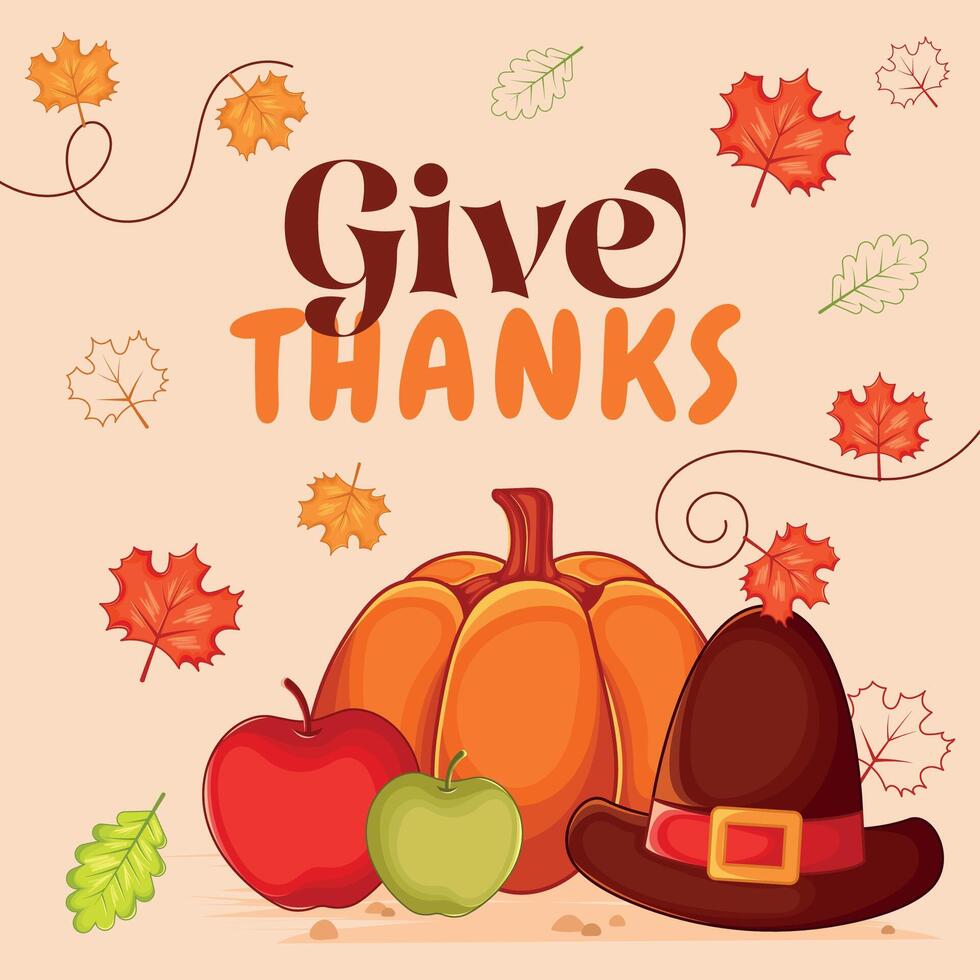 Thanksgiving pumpkin, apples, and pilgrim hat with autumn leaves, vector