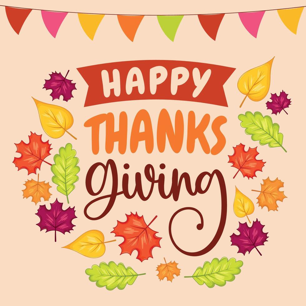 Happy Thanksgiving banner with colorful autumn leaves and text, vector