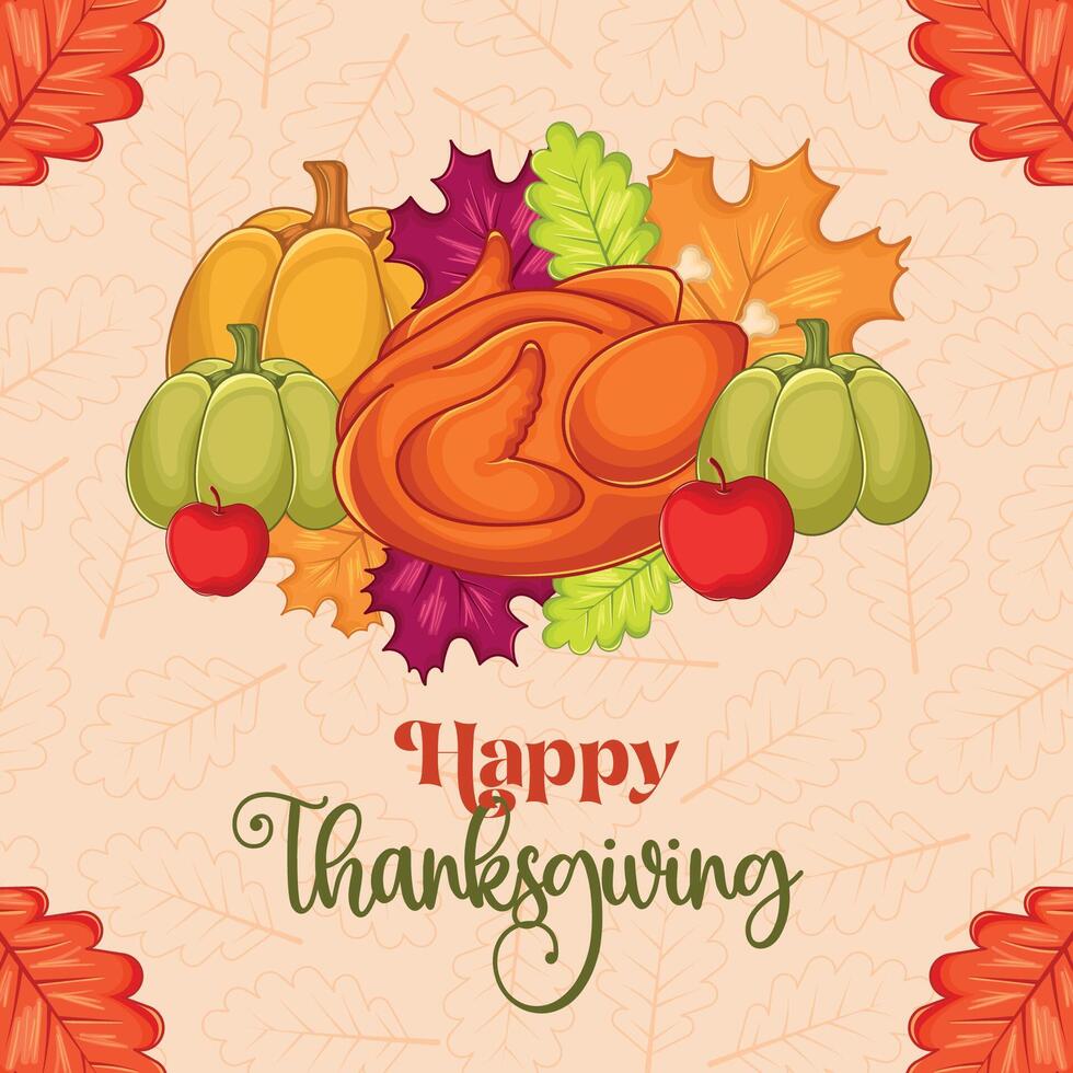 Thanksgiving turkey and pumpkins with colorful autumn leaves, vector