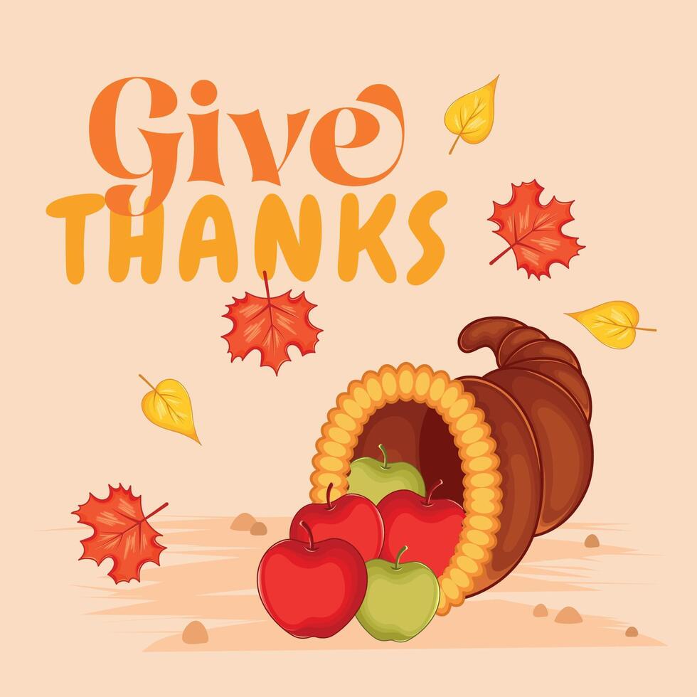 Thanksgiving cornucopia with apples and autumn leaves, vector