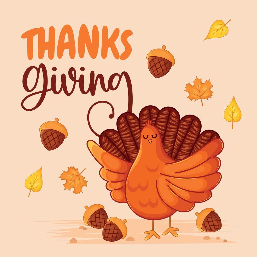 Thanksgiving turkey with acorns and colorful autumn leaves, vector