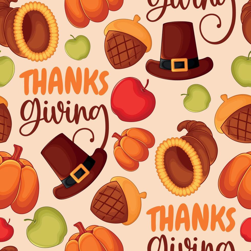 Thanksgiving pattern with pumpkins, pilgrim hats, and apples, vector