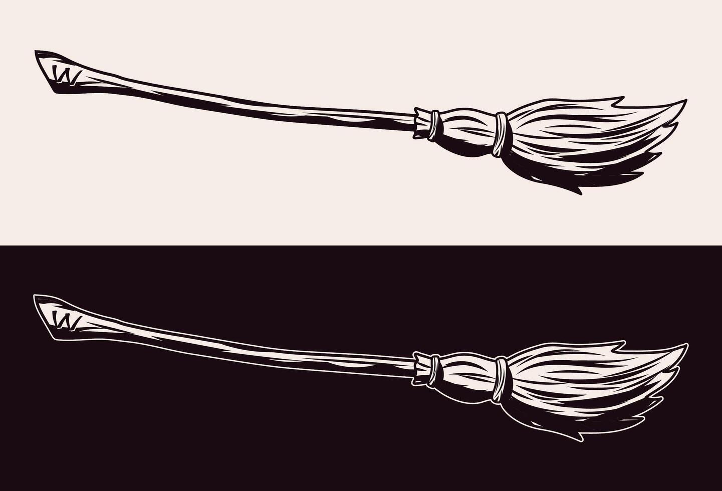 Traditional old fashioned broom made from twigs with a long wooden handle. Flying broomstick for witch. Halloween accessory object in vintage style. Monochrome illustration. vector