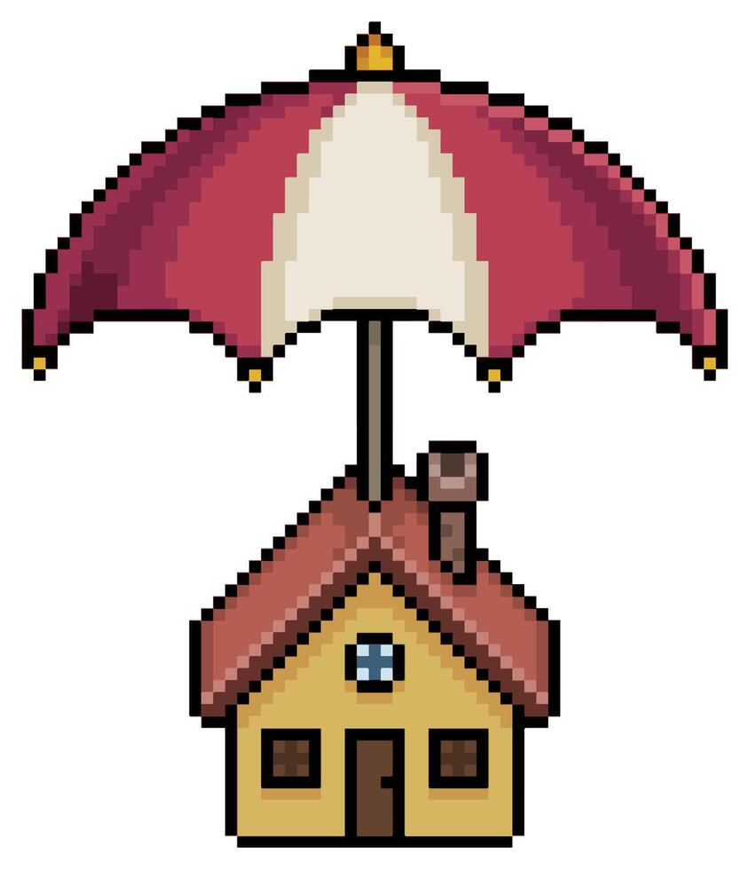 Pixel art house with umbrella, home insurance concept icon for 8bit game on white background vector