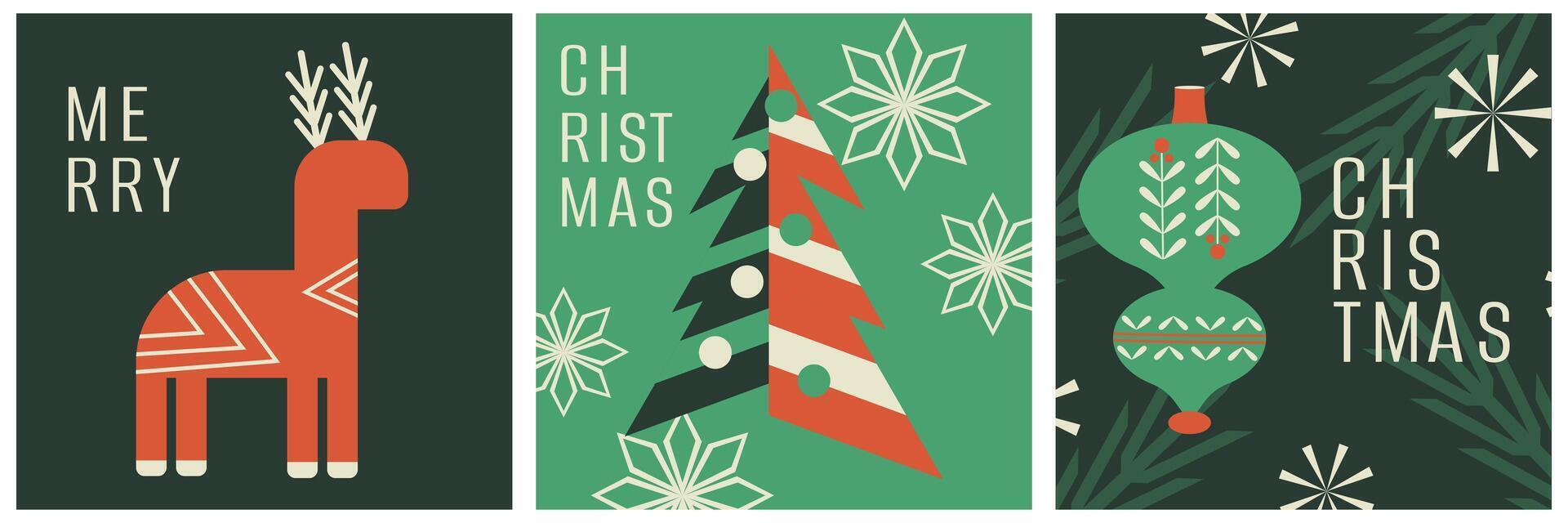 Set of posters in modern trendy design. Christmas and New Year. Christmas tree, branch, balls, deer. Elements, figures. Frame. Geometric minimalistic shapes. Hand drawn. Doodle. Background. Flat style vector