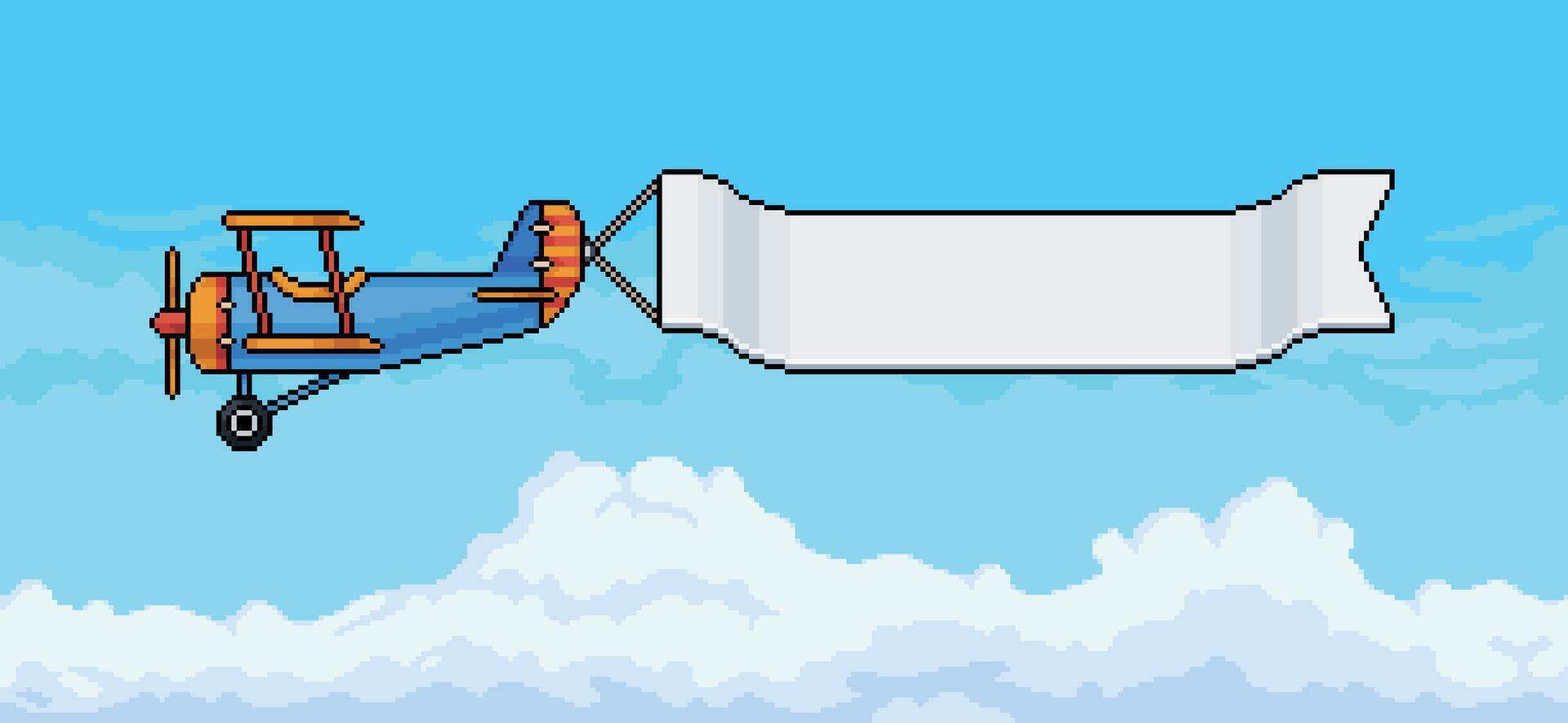 Pixel art of an airplane towing a blank advertising banner over a clear blue sky with clouds during a sunny day, 8 bit style game background vector