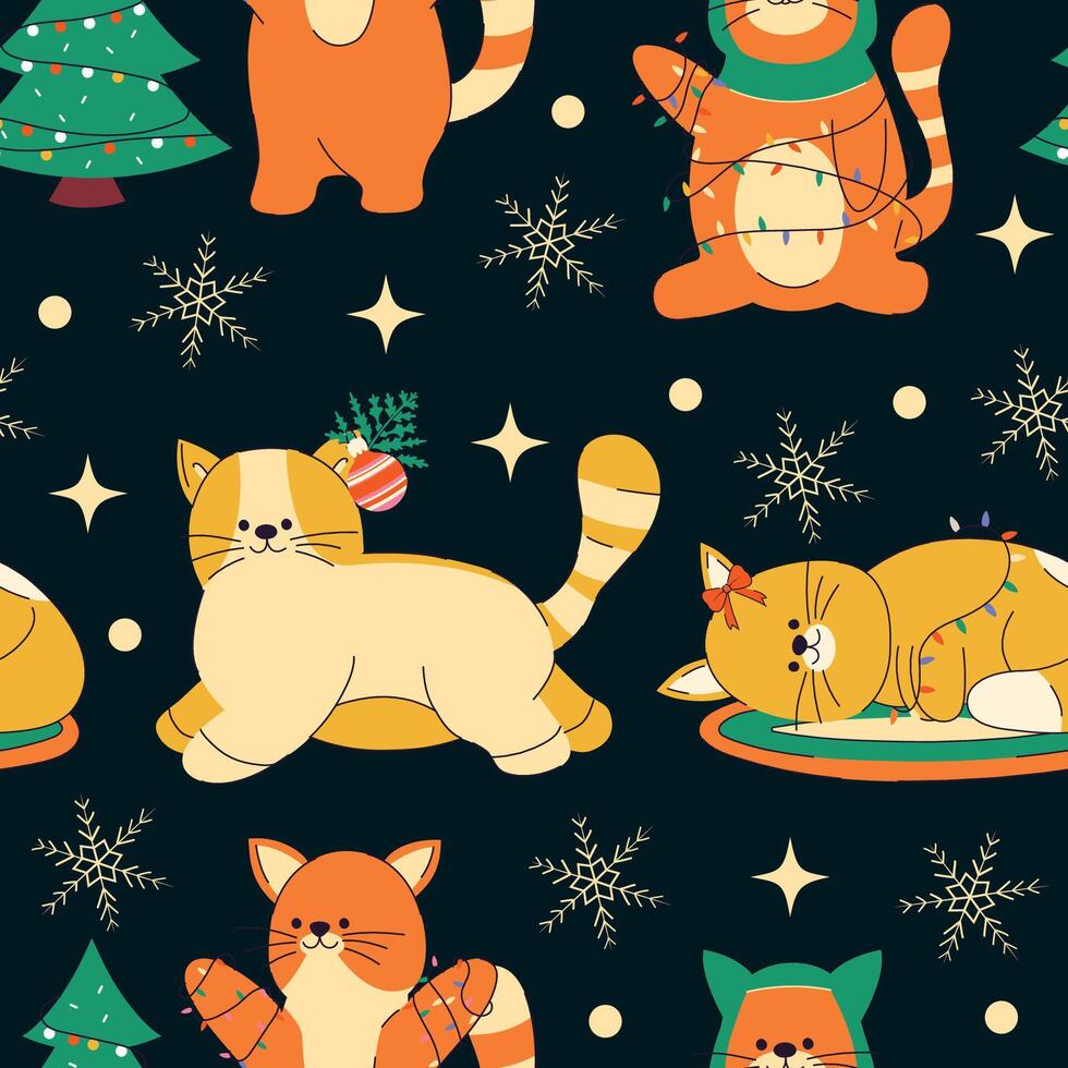 Seamless pattern for wrapping gift. New Year and Christmas. Set of elements and shapes. Paper. Retro trendy. Hand drawn. Doodle. Xmas. Wallpaper texture. Holiday. December 25th. Winter. Flat. Cats vector