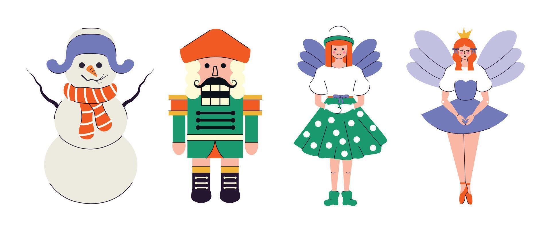 Set of dolls, fairies, nutcracker, snowman in a modern trendy style. New Year. Merry Christmas. December 25th and holiday. Christmas Eve. Shapes and elements. Hand drawn. Doodle. Winter season. Flat vector