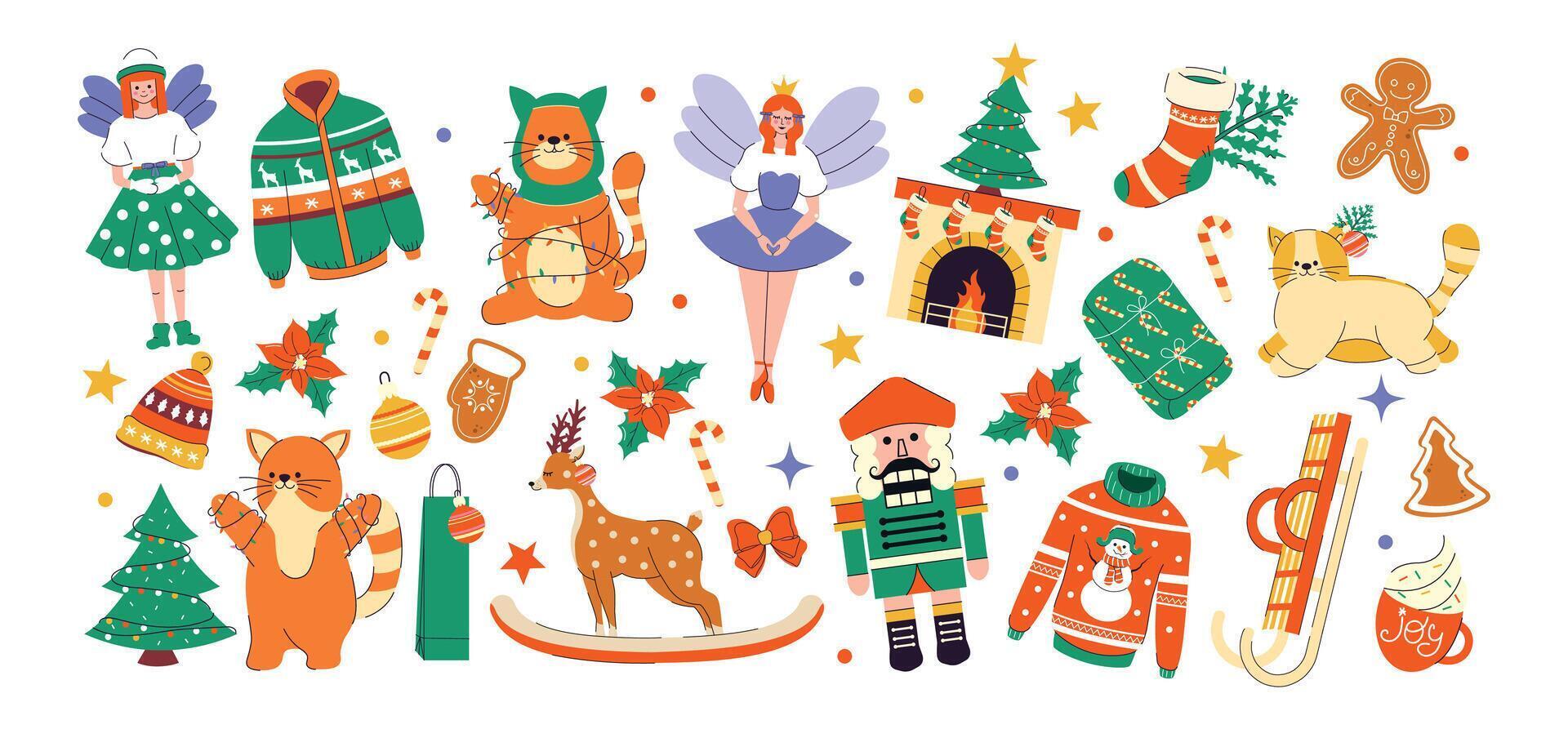 Holiday gifts. Happy New Year. Merry Christmas. Holly Jolly. December. Stickers. Set elements. Trendy collection. Hand drawn. Doodle. Cut out. Christmas tree branch, toys, food, candy. Flat. Isolated vector