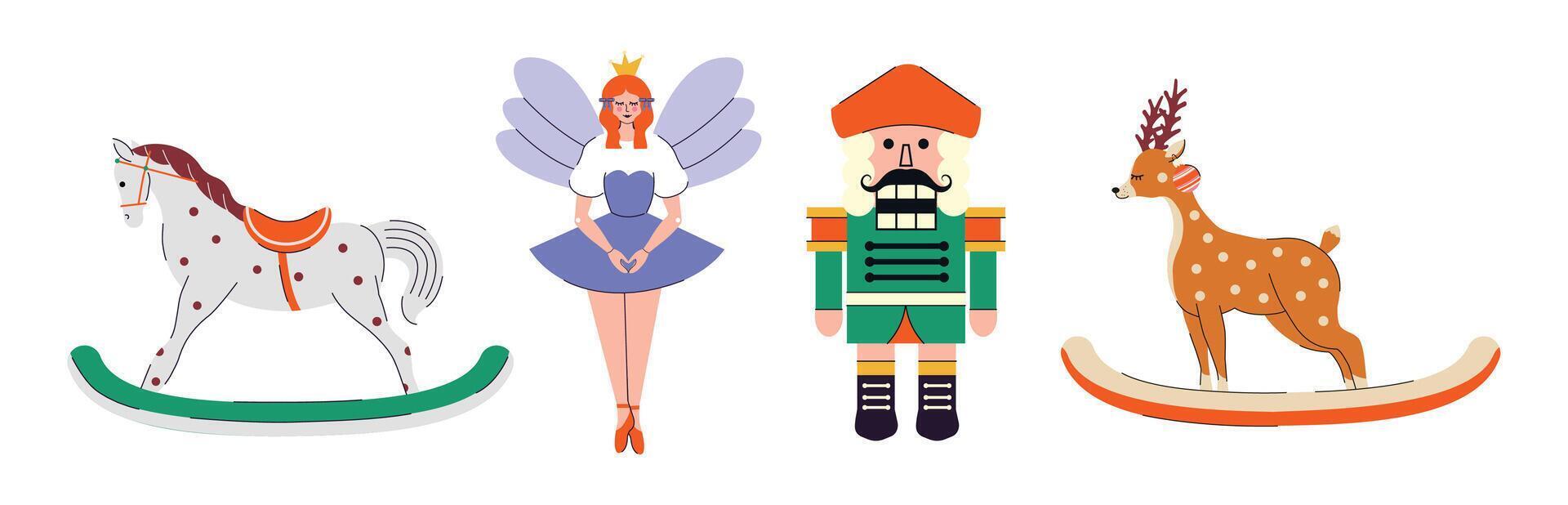 Collection of dolls, fairies, nutcrackers, Christmas tree decorations in modern trendy style. New Year. Merry Christmas. December 25th. Christmas Eve. Shapes and elements. Hand drawn and doodle. Flat vector