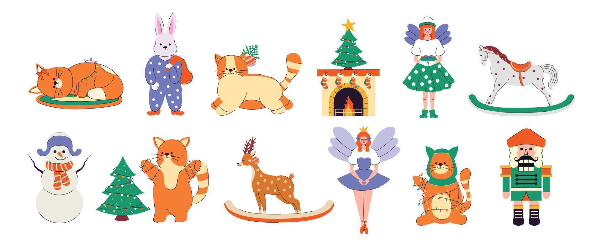 Holiday set of elements Happy New Year. Merry Christmas. Holly Jolly. December. Sticker. Trendy collection. Hand drawn. Doodle. Cut out. Christmas tree branch, toys, cats, snowman, nutcracker, rabbit vector