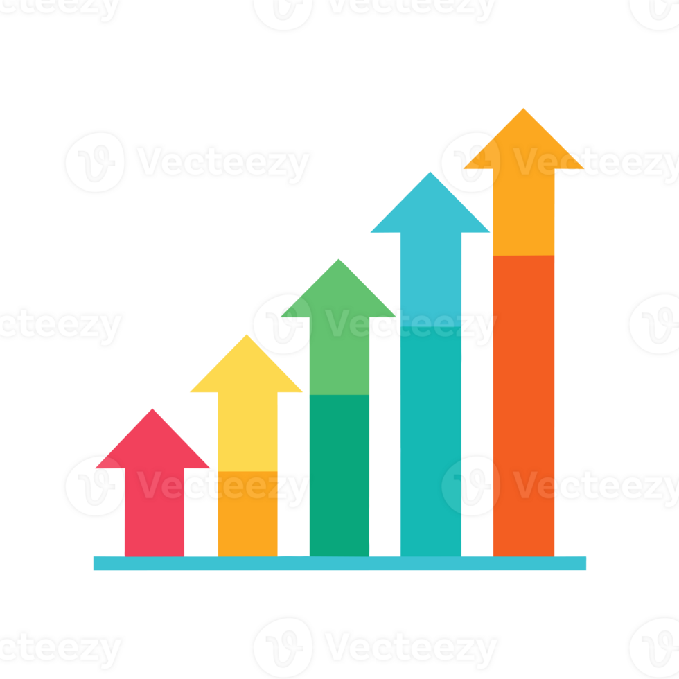 Colorful arrows arranged in a bar chart formation point upwards, indicating growth or progress cutouts png