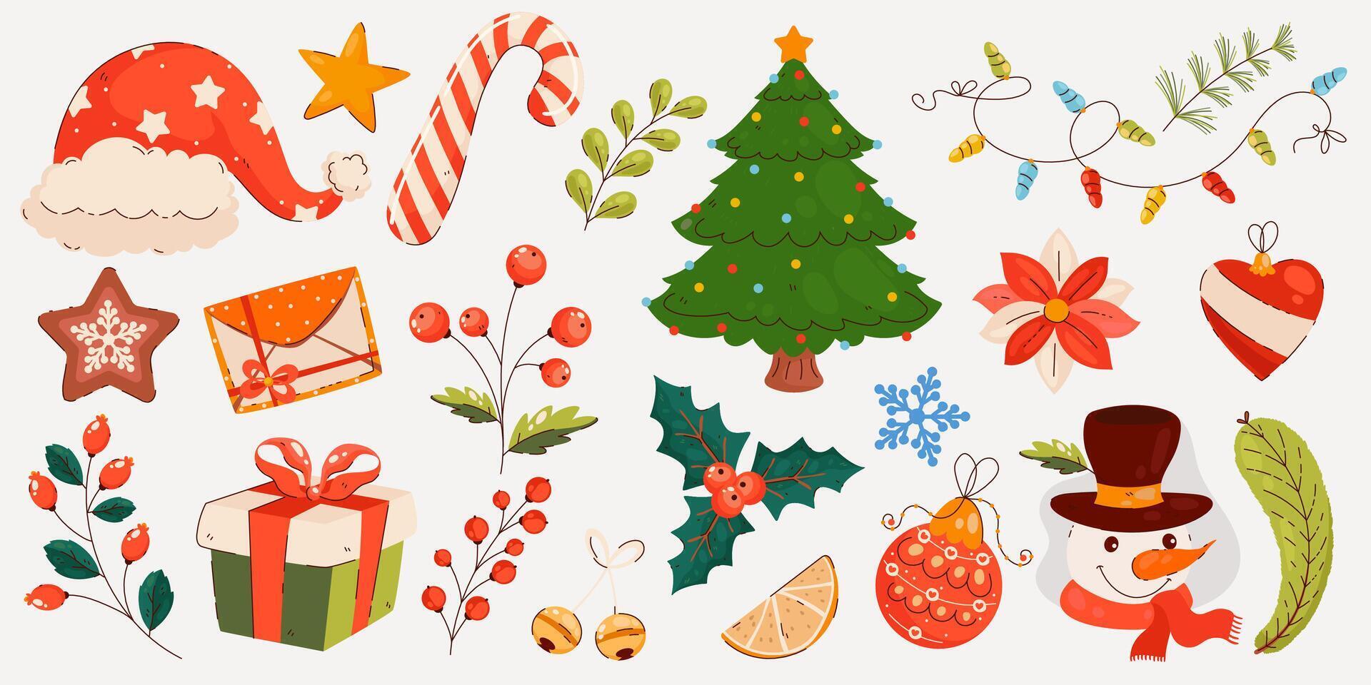 Christmas collection of elements in hand drawn modern style. Xmas decorations. Santa hat, Christmas tree, snowman, gift, branches, cookies. vector