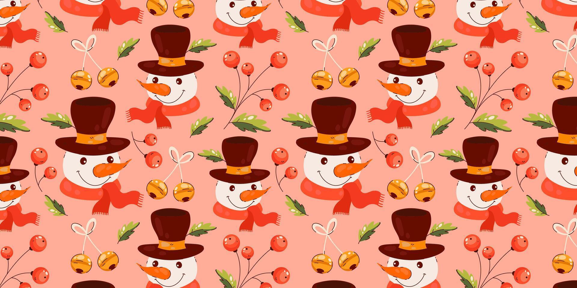Cute Christmas pattern with snowman and foliage decorations. Can be used as wallpaper or print texture. vector