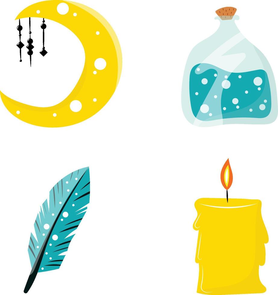 Halloween set of elements. Bottle with poison, candle, moon and feather. vector