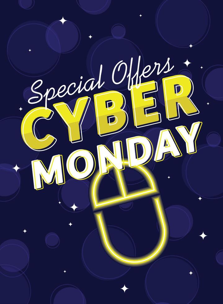 Cyber Monday special offer with neon design and colorful lights, vector