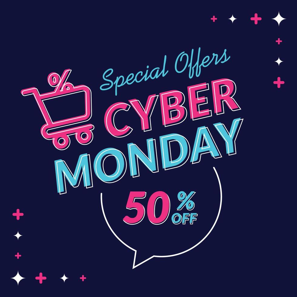 Cyber Monday special offer with neon design and colorful lights, vector