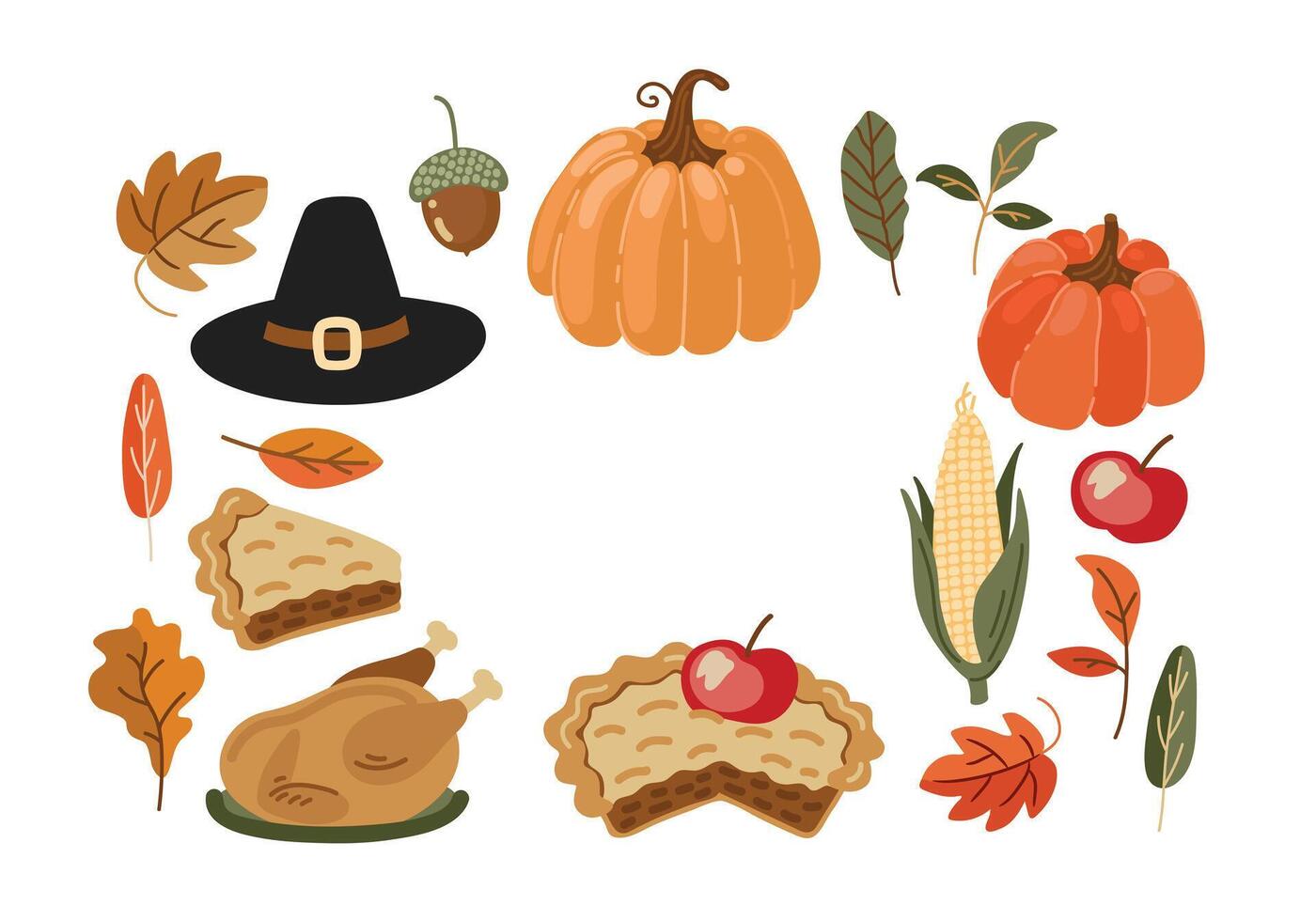 Festive Fall Set with Pumpkins, Pies and Leaves vector