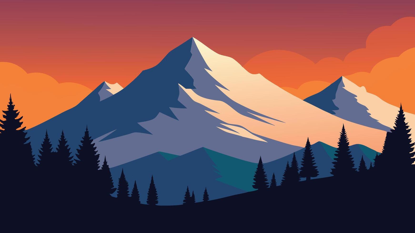 Snow covered trees silhouetted against a vibrant sunset over a majestic snowy mountain landscape flat illustration. vector