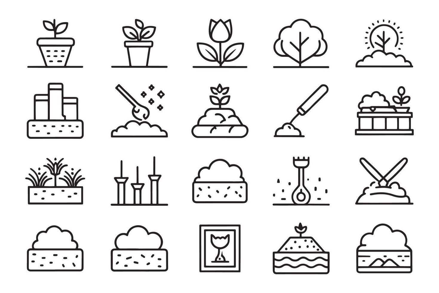 Soil ground and gardening Line editable stroke outline icon set illustration on white background. vector