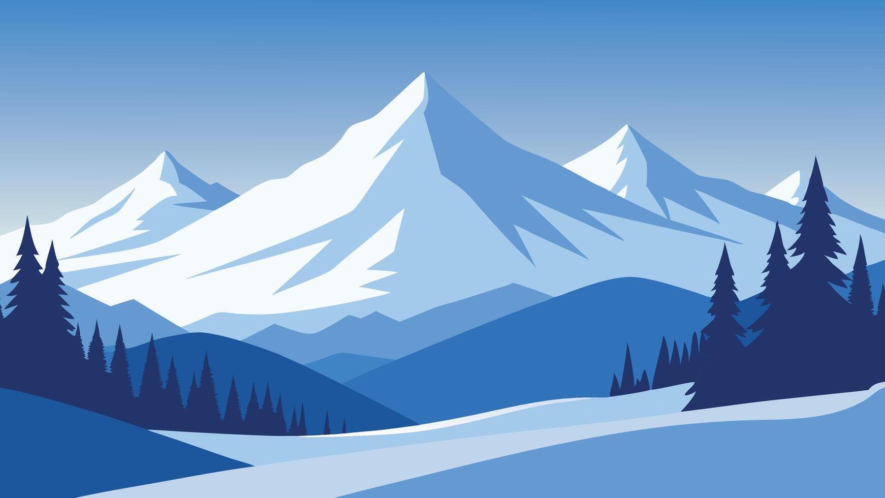 Snow covered trees stand majestically in the serene mountains, creating a picturesque winter landscape flat illustration vector