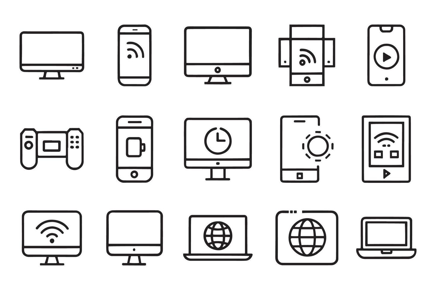 Tablet, laptop, phone, console, Smart Watch and more.related editable icon set isolated flat illustration white background. vector