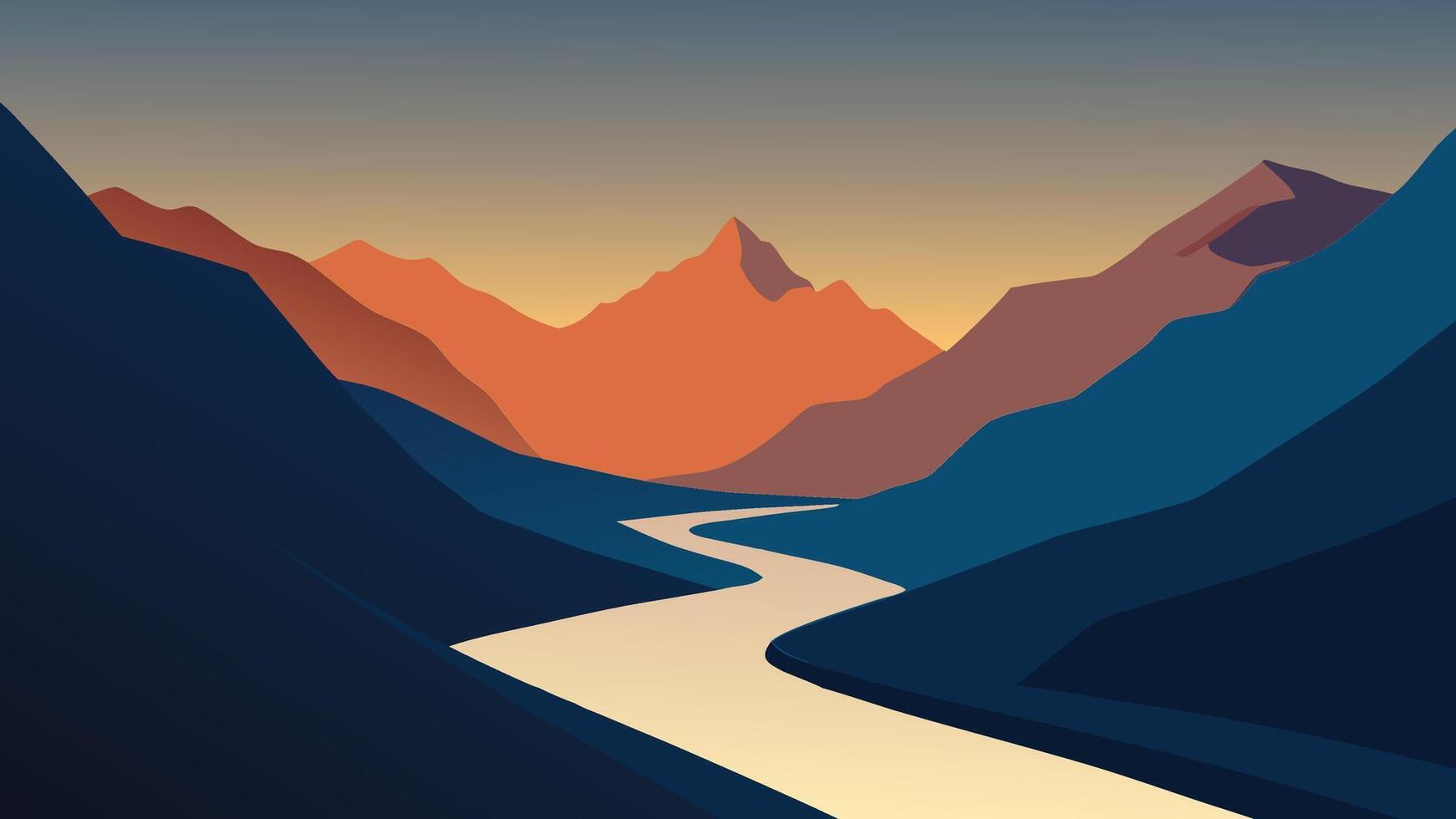 river flows through a rugged valley, surrounded by majestic mountains and rocky terrain flat illustration. vector