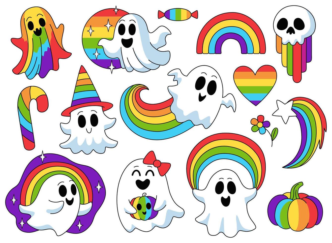 LGBT pride Halloween collection. Cute cartoon ghosts with rainbow, rainbow candies and heart, skull, flower and pumpkin. vector