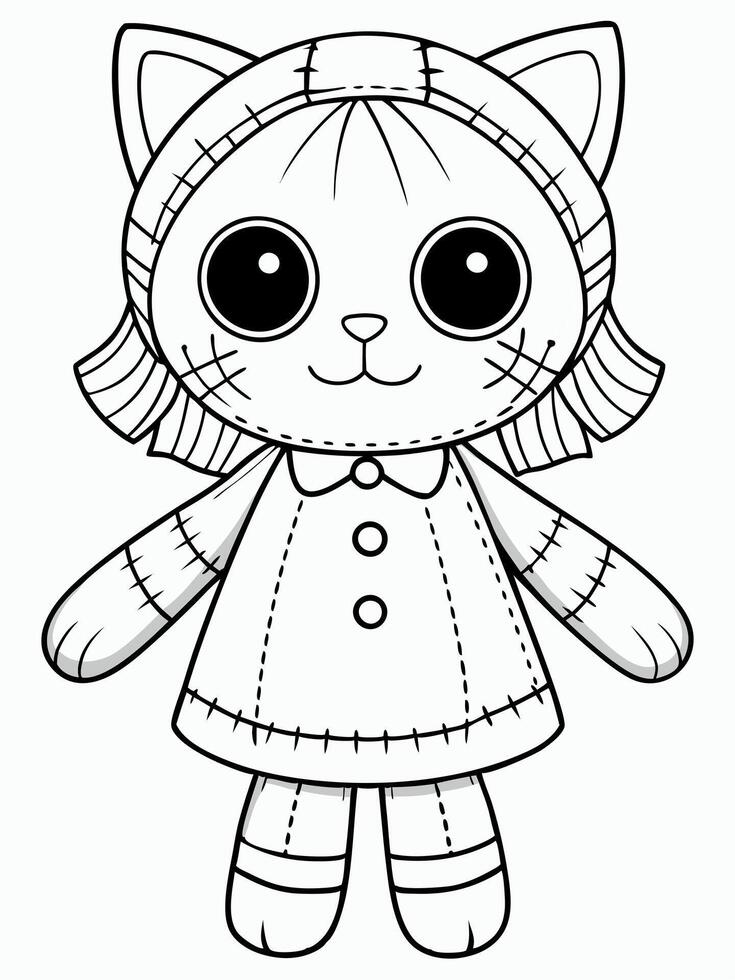 Adorable stitched cat doll coloring page, great for Halloween activities for kids vector