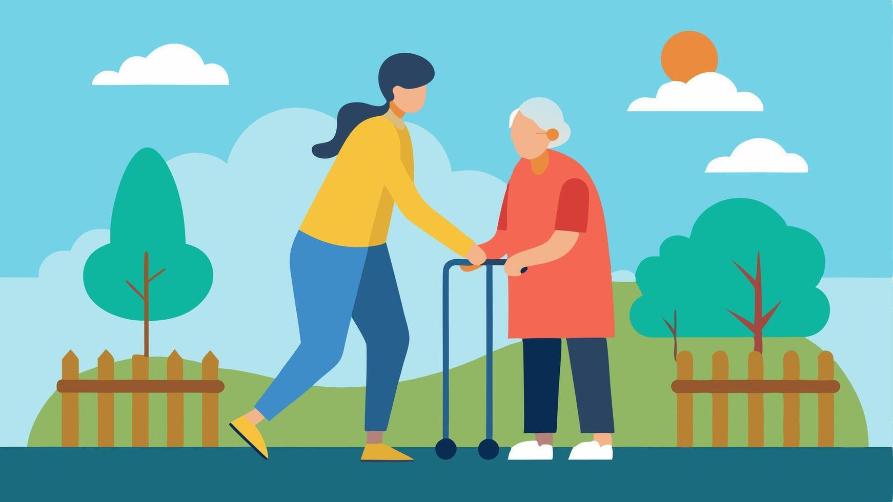 Outdoor Assistance A caregiver helping an elderly person using a walker navigate a garden path emphasizing outdoor activities and mobility assistance.. vector