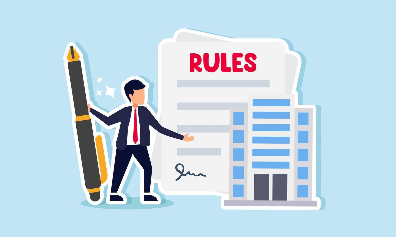 A businessman holds a pen and shows a signed rule sheet beside an office, illustrating an agreement on the terms and conditions of a business with large market capitalization vector