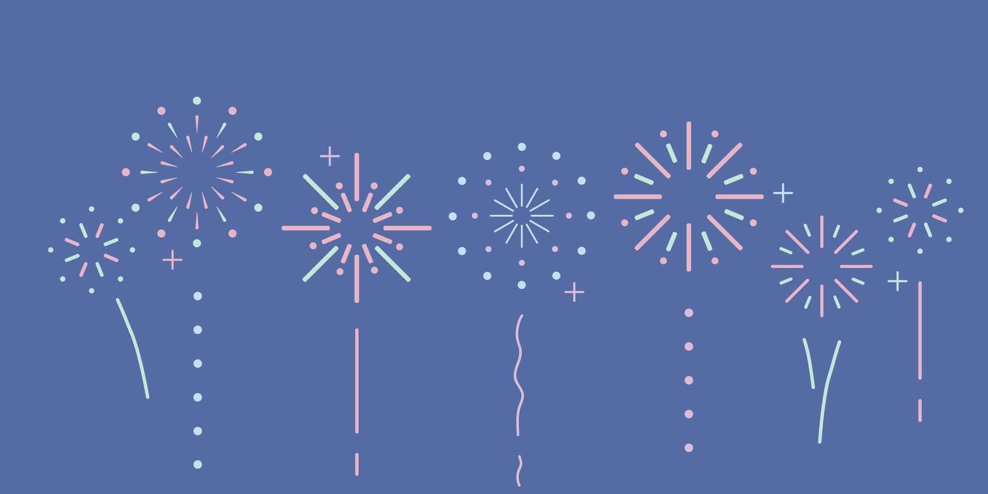 Pastel simple flat line fireworks collection. Minimal cute illustration isolated background. Design concept for holiday banner, celebration, poster, flyer, greeting card, decorative elements vector