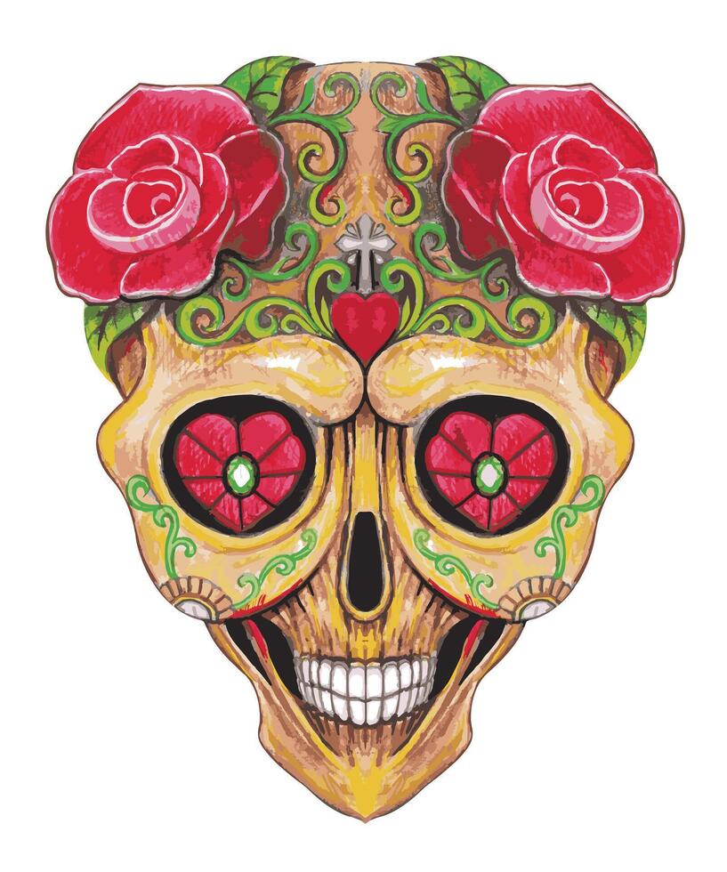 Skull mix fancy flowers day of the dead design by hand drawing on paper and make graphic . vector