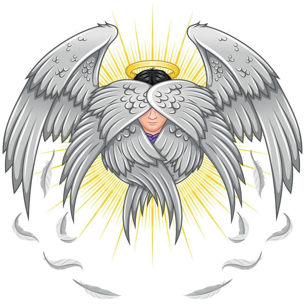 Seraph with six wings, angelic face of the Catholic religion, archangel with halo and feathers vector