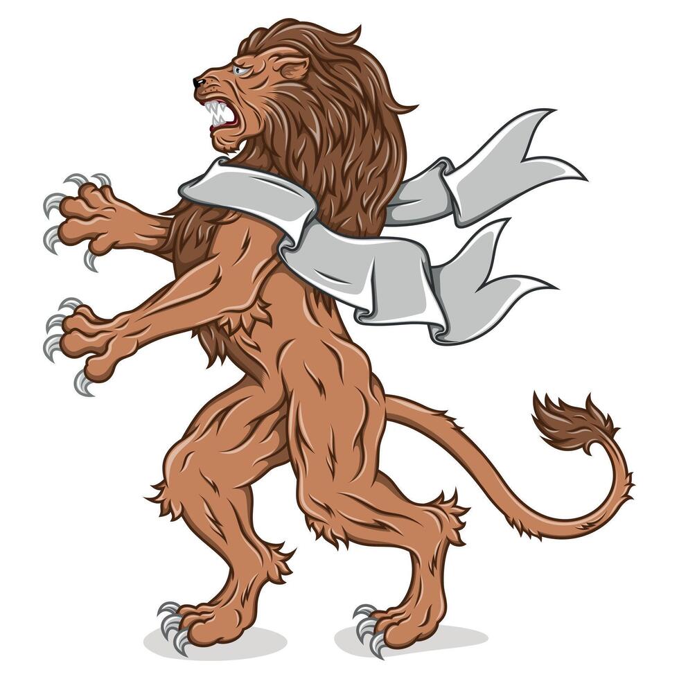 Rampant lion with pennant, heraldic feline with ribbon vector