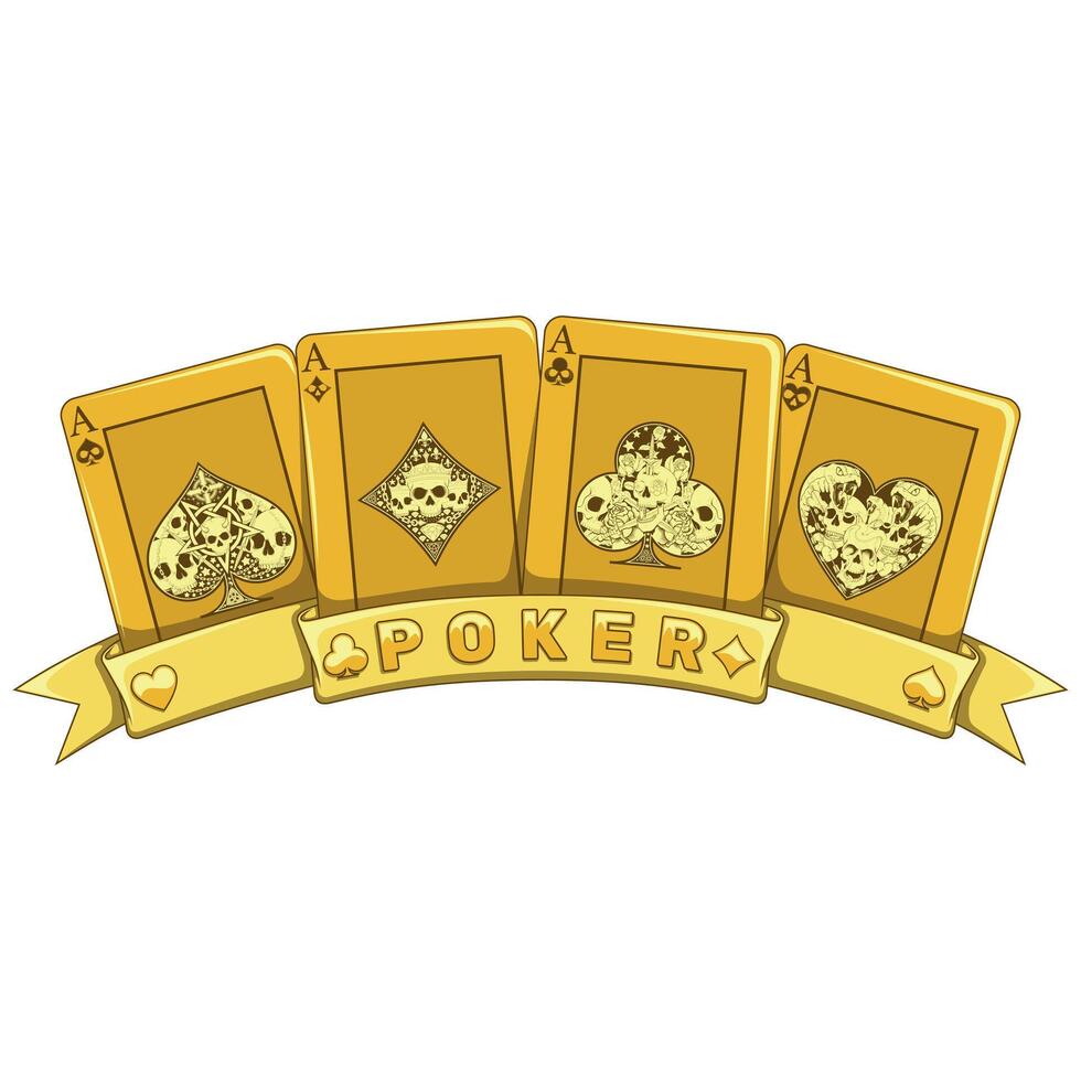 Poker cards surrounded with a ribbon, poker symbols of heart, diamond, club and ace with different skull designs vector
