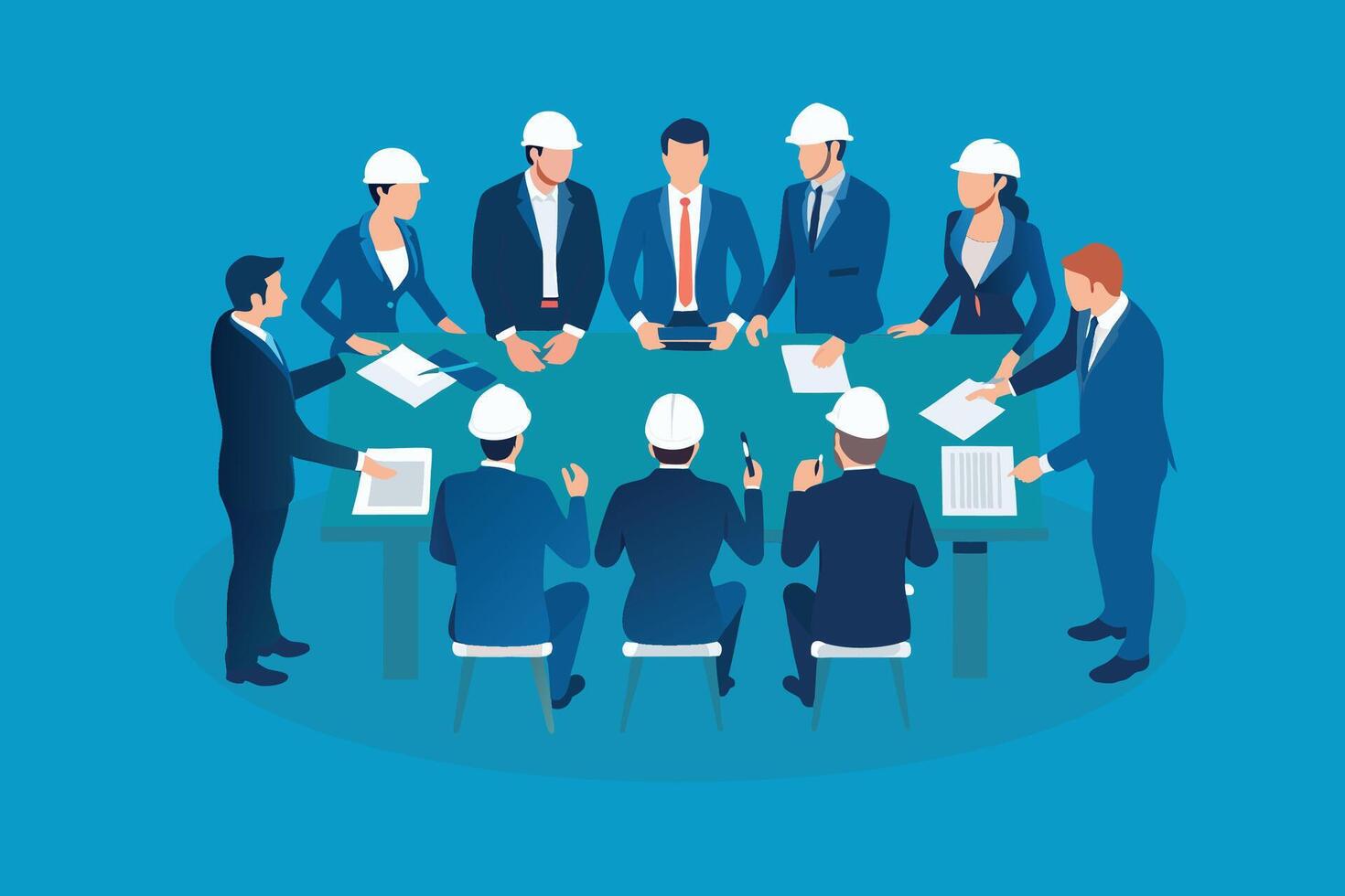 Group of multinational engineers and business people meeting in a building. International business. High angle view. isolated flat illustration vector
