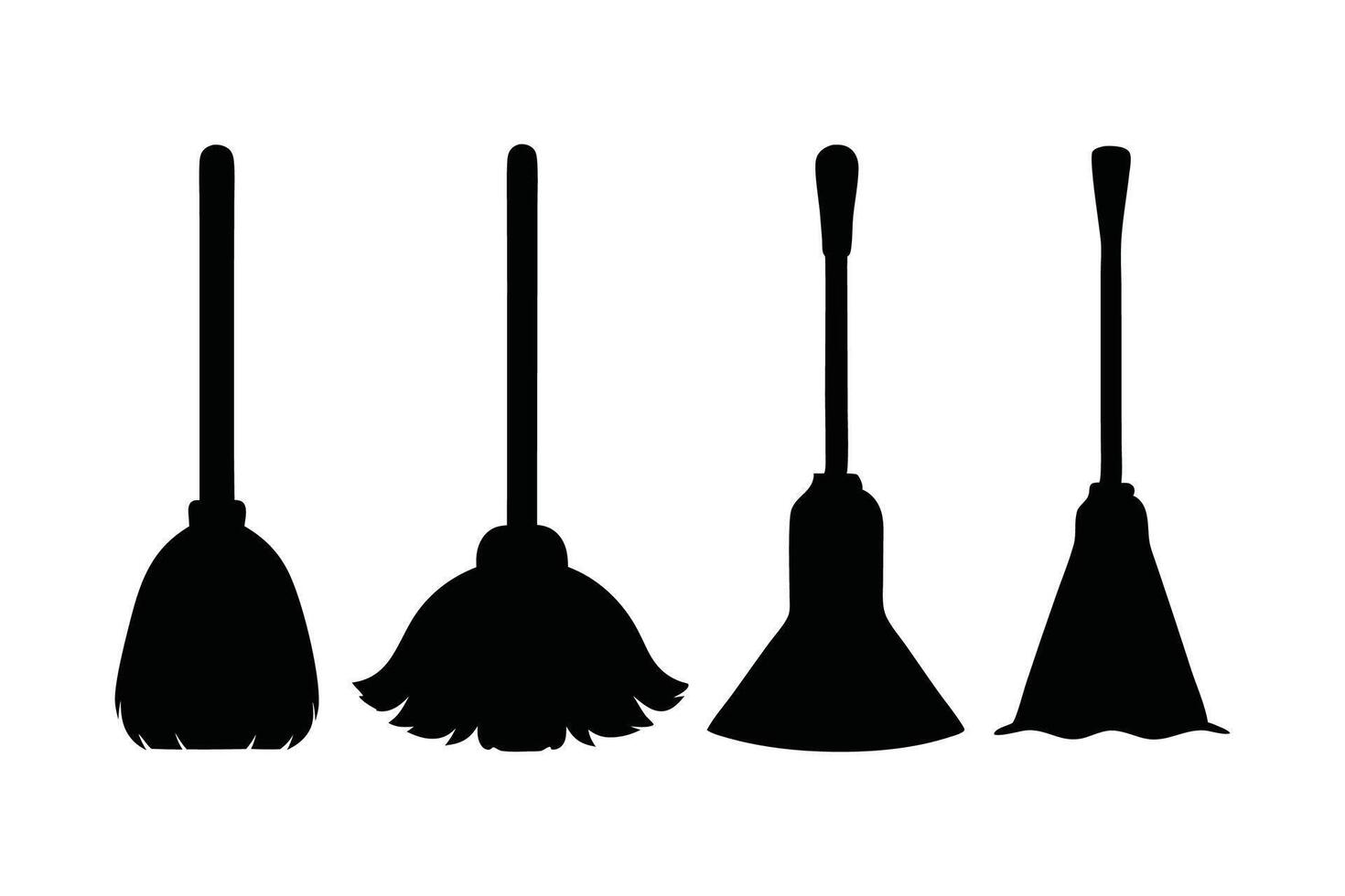 Four broom silhouettes arranged on a white background, showcasing their distinct shapes and designs. vector