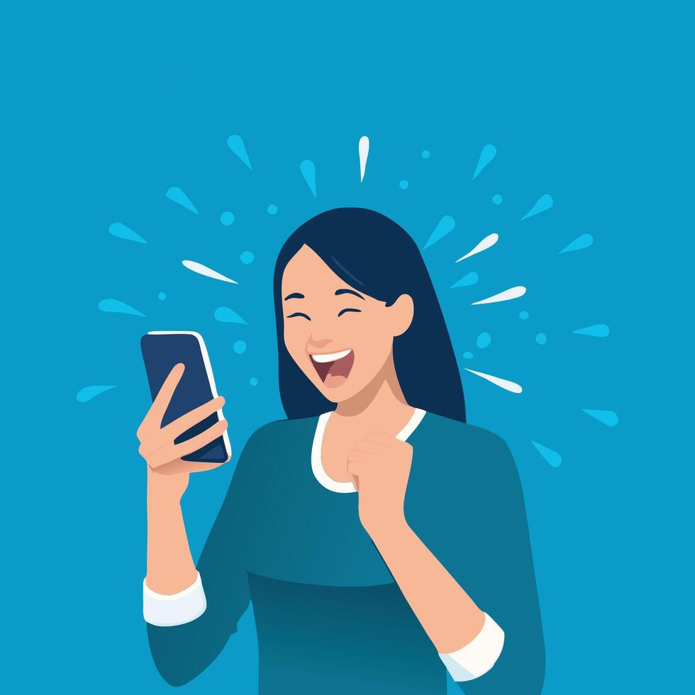 Happy cheerful Young woman celebrate online looking at smart phone on mobile app screen, receive good news, enjoying with great offer from social, hands expression flat illustration. vector