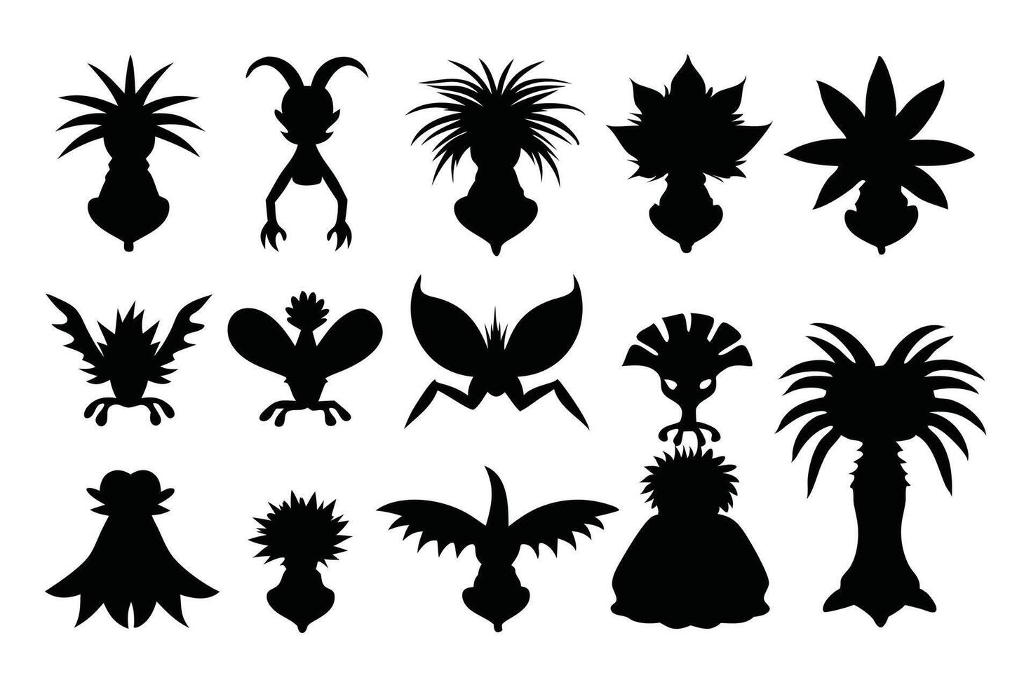 pattern with abstract exotic silhouettes set isolated flat illustration on white background vector