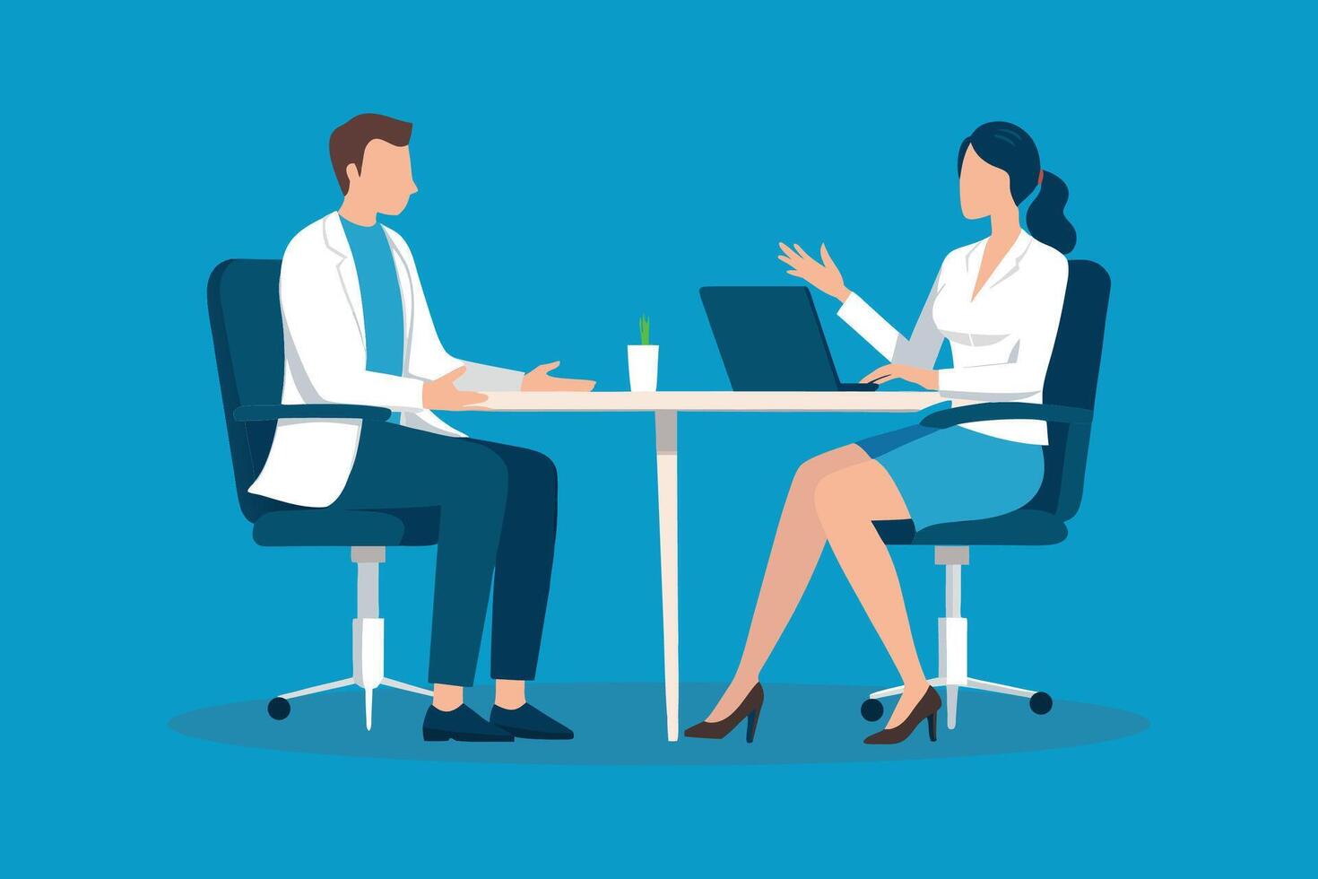 Researcher in a white coat and a female business person having a conversation in an office isolated flat illustration vector