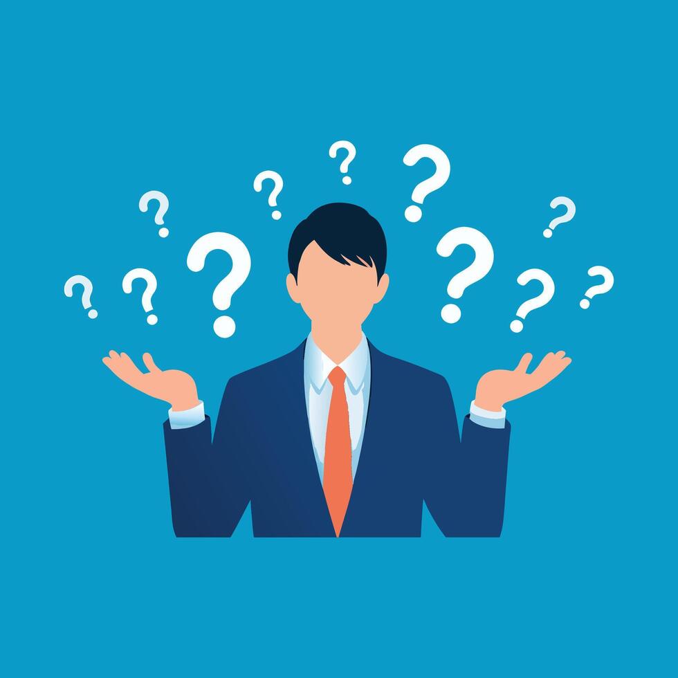 Young Asian businessman looks contemplative, with question marks drawn on his hands, symbolizing uncertainty and inquiry isolated flat illustration. vector