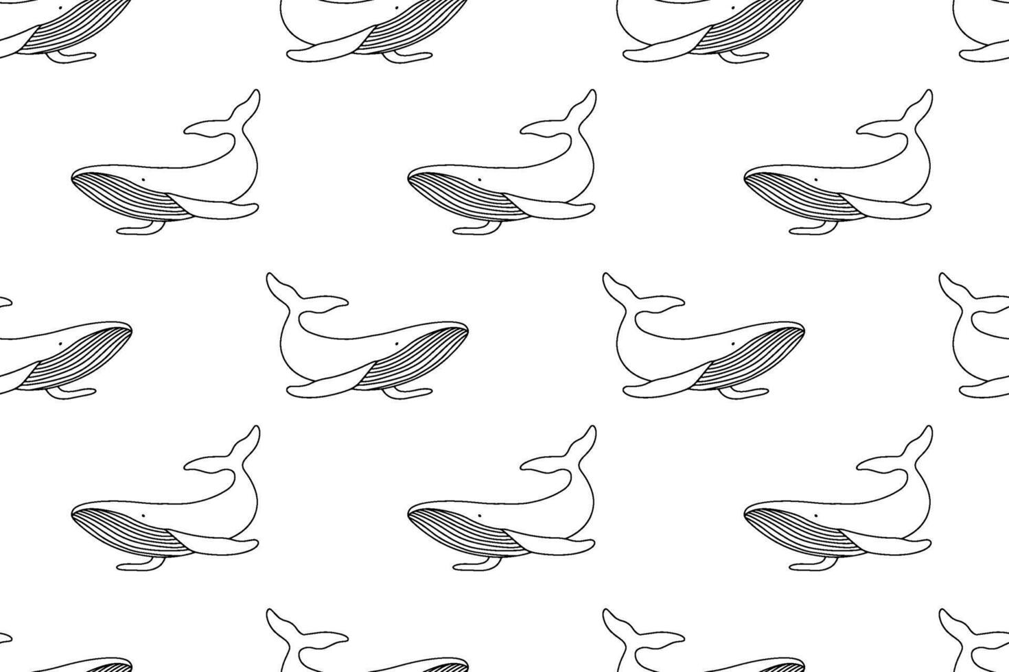 Hand drawn monochrome seamless pattern with outline whale. vector